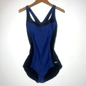 Speedo Women's Blue and Black One Piece Crossback Athletic Swimsuit Sz M